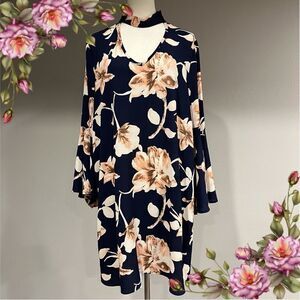 A-line floral print navy long sleeve knee length dress size XL